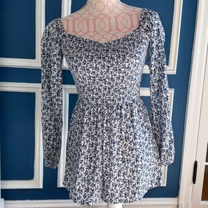 Hollister Blue Floral Smocked Long Sleeved Off Shoulder Romper - Size XS